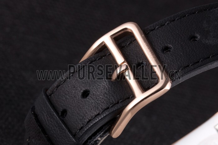 Hermes Heure H Rose Gold Bezel Black Leather Strap White Dial 80235