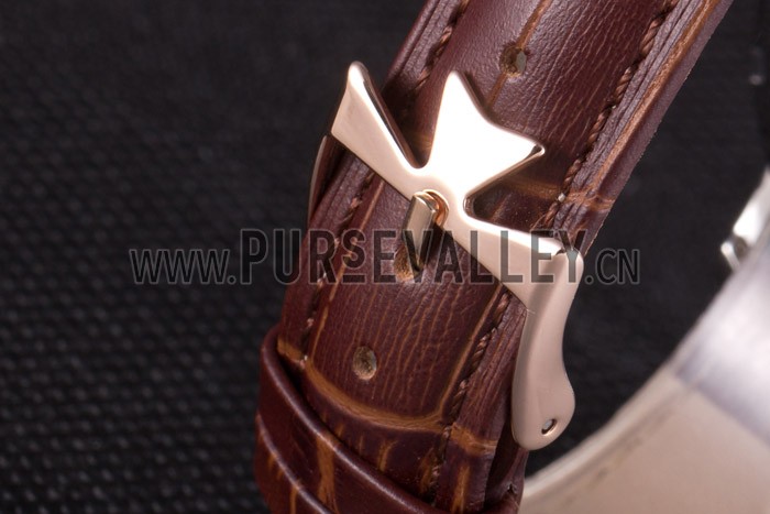 Vacheron Constantin White Skeleton Watch with Rose Gold Bezel and Brown Leather Strap 621539