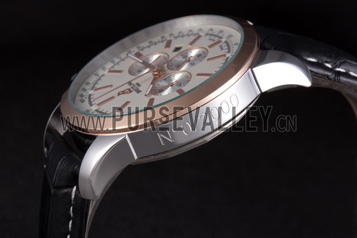 Breitling Transocean White Dial Black Leather Strap Rose Gold Bezel 98205