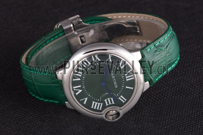 Cartier Ballon Bleu Silver Bezel with Green Dial and Green Leather Band 621553