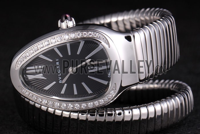 Bvlgari Serpenti 23mm Black Dial Stainless Steel Case With Diamonds Steel Bracelet