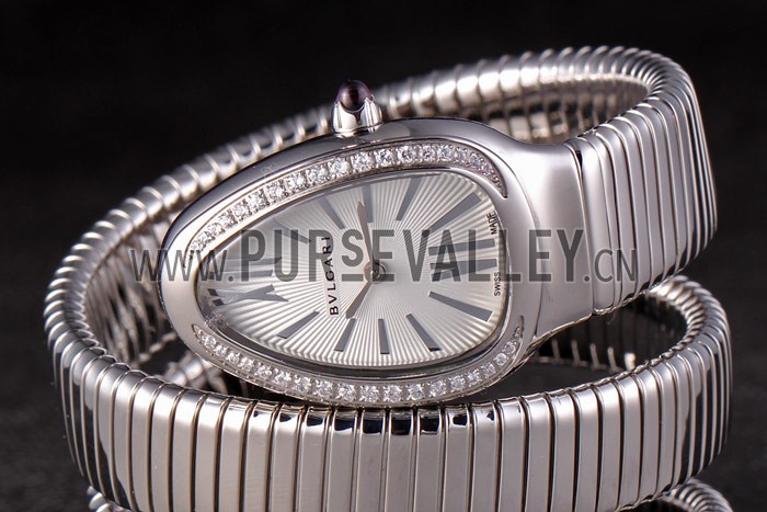 Bvlgari Serpenti 23mm White Dial Stainless Steel Case With Diamonds Double Steel Bracelet