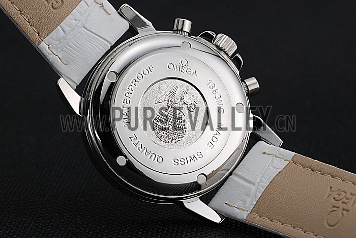 Omega De Ville Chronograph White Dial Stainless Steel Diamond Case White Leather Bracelet 622453