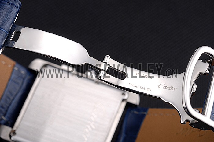 Cartier Tank MC Blue Dial Stainless Steel Case Blue Leather Bracelet 622691