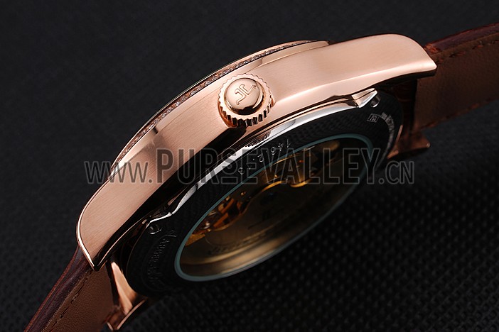 Jaeger-LeCoultre Master Tourbillon Dualtime White Dial Gold Case With Diamonds Brown Leather Strap 622782