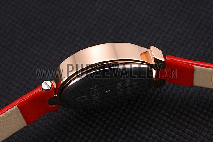 Omega Ladies Watch Pink Dial Gold Case With Diamonds Red Leather Strap 622831