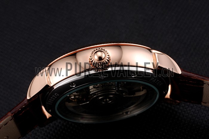 Patek Philippe Classic Tourbillon Power Reserve Black And White Dial Rose Gold Case Brown Leather Strap