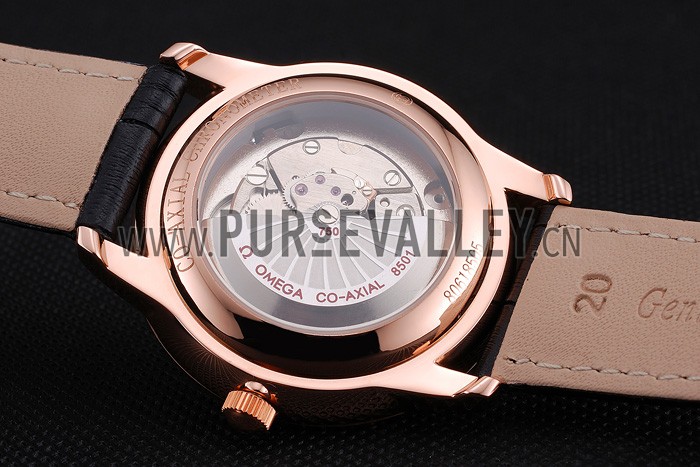 Omega De Ville Prestige Co-Axial Black Dial Rose Gold Diamond Case Black Leather Strap Roman Numeral