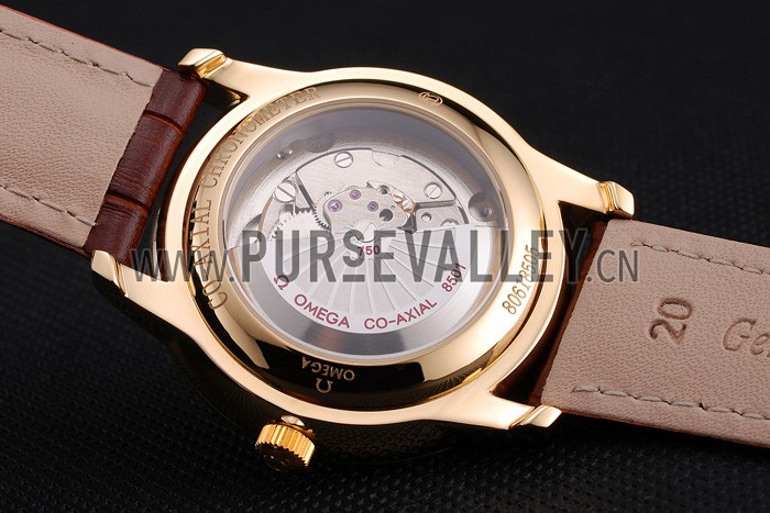 Omega De Ville Prestige Co-Axial White Dial Gold Case Brown Leather Strap Roman Numeral