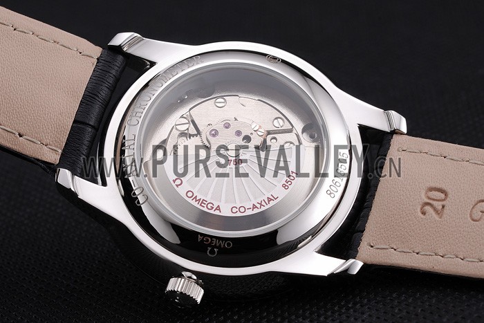 Omega De Ville Prestige Co-Axial White Dial Silver Diamond Case Black Leather Strap Roman Numeral