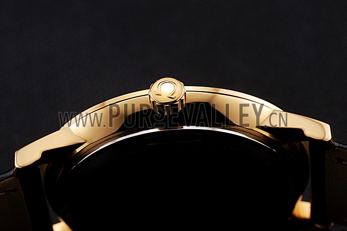 Omega De Ville Prestige White Dial Gold Case Black Leather Strap