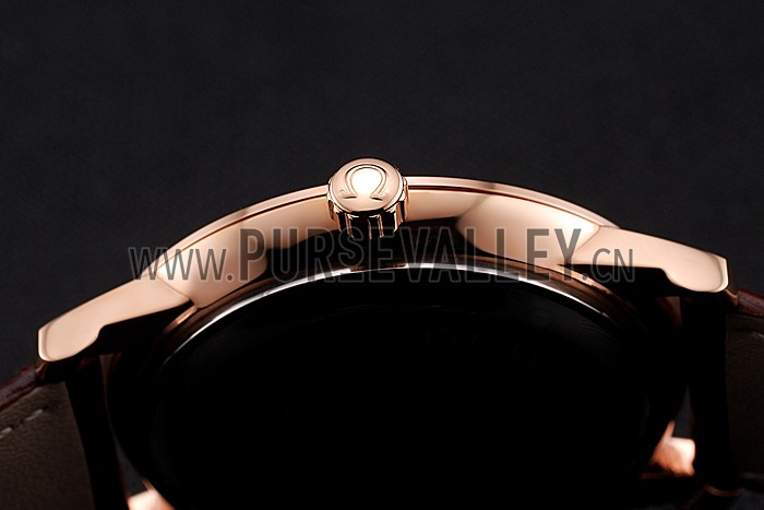 Omega De Ville Prestige White Dial Rose Gold Case Brown Leather Strap