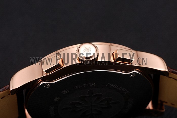 Patek Philippe Chronograph White Dial Rose Gold Case Brown Leather Strap