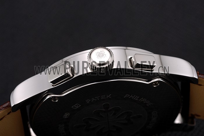 Patek Philippe Chronograph White Dial Blue Hands Stainless Steel Case Brown Leather Strap