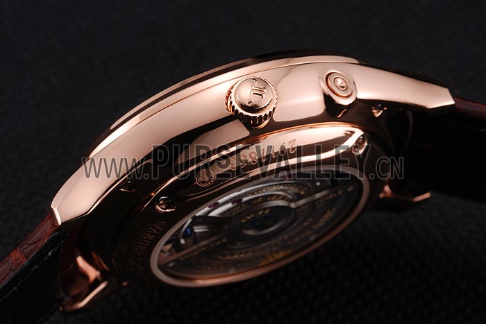 Swiss Jaeger LeCoultre Master Ultra Thin Reserve De Marche Black Dial Rose Gold Case Brown Leather Strap