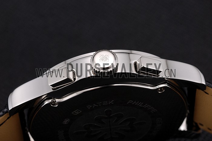 Patek Philippe Chronograph Black Guilloche Dial Stainless Steel Case Black Leather Strap