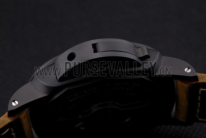 Swiss Panerai Luminor Ceramica Flyback Chronograph Black Dial Black Case Brown Leather Strap