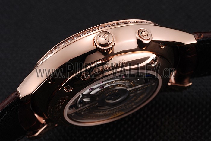 Swiss Jaeger LeCoultre Master Ultra Thin Reserve De Marche Silver Dial Diamond Bezel Rose Gold Case Brown Leather Strap