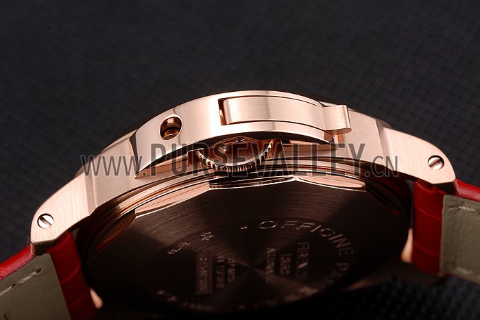 Swiss Panerai Luminor Marina Black Dial Rose Gold Case Red Leather Strap