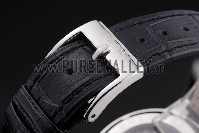 Bvlgari Tourbillon Black Dial Silver Case Black Leather Strap