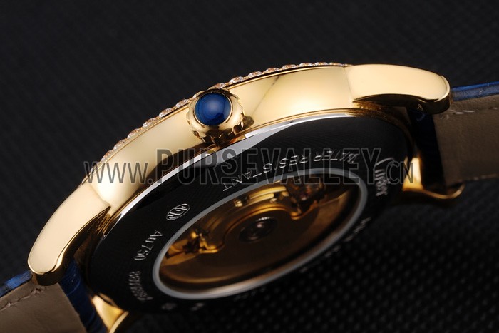 Swiss Cartier Ronde Solo Blue Dial Gold Diamond Case Blue Leather Strap