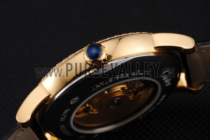 Swiss Cartier Rotonde Small Complication White Dial Gold Diamond Case Black Leather Strap