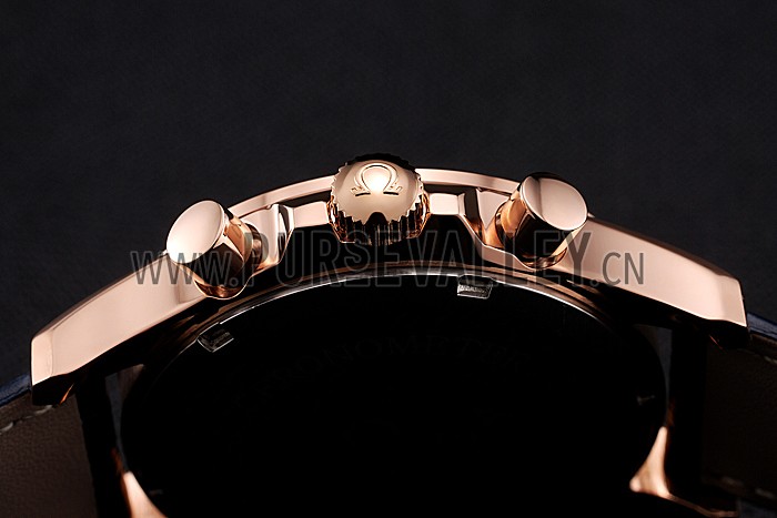 Omega Chronograph Black Dial Rose Gold Case Blue Leather Strap