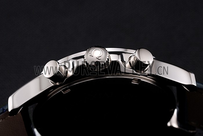 Omega Chronograph Black Dial Stainless Steel Case Blue Leather Strap