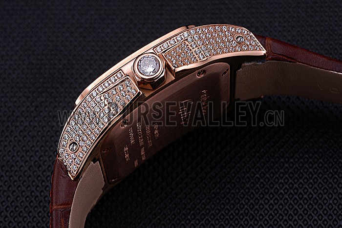 Swiss Cartier Santos Black Dial Diamonds Case Brown Leather Bracelet 622550