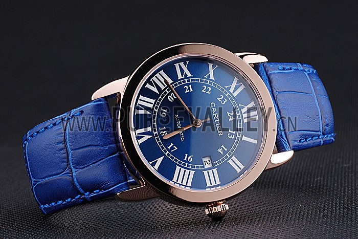 Swiss Cartier Ronde Solo Gold Case Blue Dial Roman Numerals 622203
