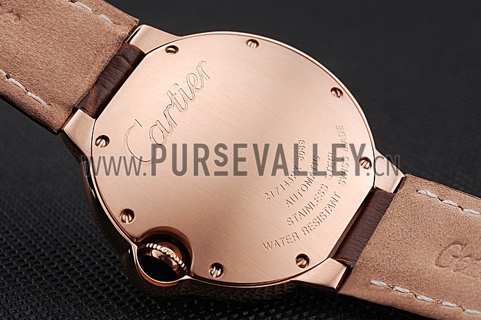 Swiss Ballon Blue De Cartier Gold Case White Dial Roman Numerals Brown Leather Bracelet 622651