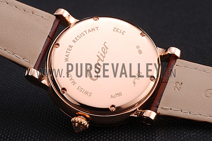 Cartier Rotonde Brown Dial Gold Case With Jewels Brown Leather Strap 622759