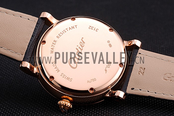 Cartier Rotonde White Dial Gold Case With Jewels Black Leather Strap 622760