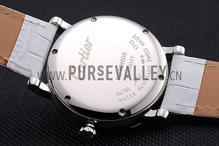 Cartier Ronde Second Time Zone White Dial Stainless Steel Case With Diamonds White Leather Strap 622803