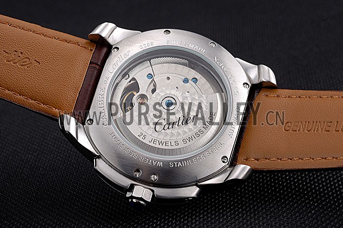 Cartier Calibre Tourbillon White Dial Stainless Steel Case Brown Leather Strap 622750