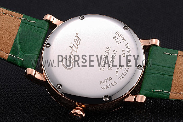 Cartier Ronde Second Time Zone White Dial Gold Case With Diamonds Green Leather Strap 622812