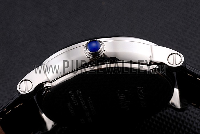 Cartier Rotonde Date White Dial Stainless Steel Case Black Leather Strap