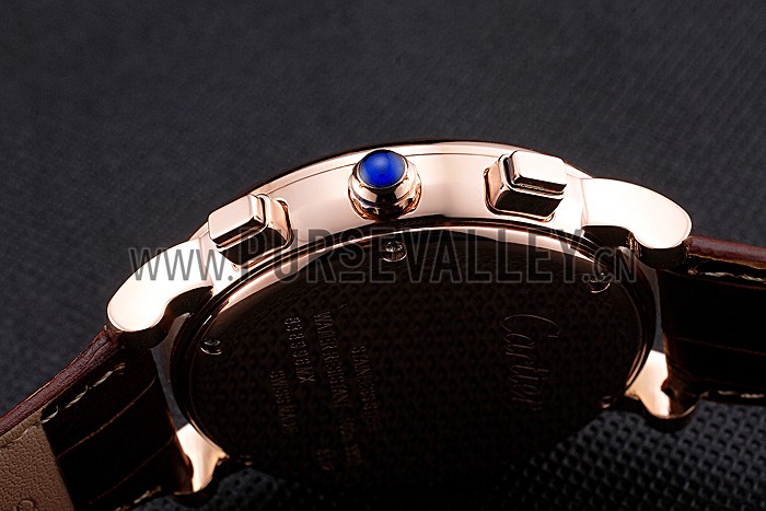 Cartier Rotonde Chronograph White Dial Rose Gold Case Brown Leather Strap