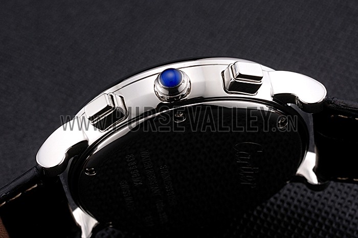 Cartier Rotonde Chronograph White Dial Stainless Steel Case Black Leather Strap