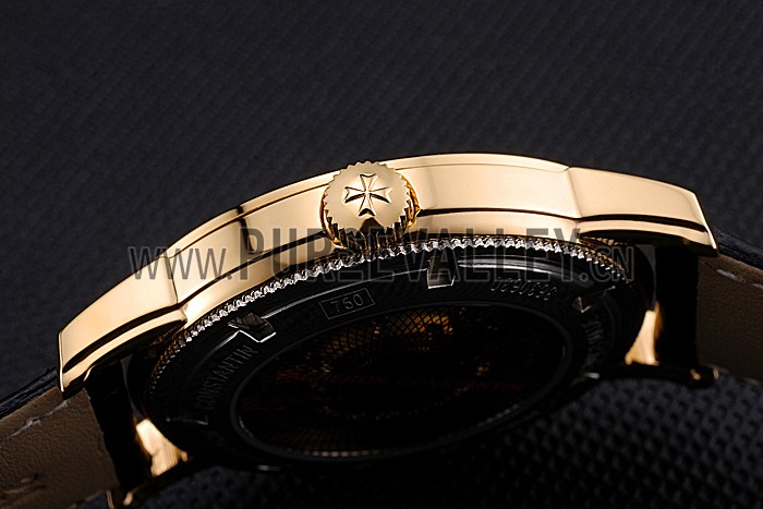 Swiss Vacheron Constantin Patrimony Contemporaine Gold Case Gold Diamond Dial Black Leather Bracelet 622682