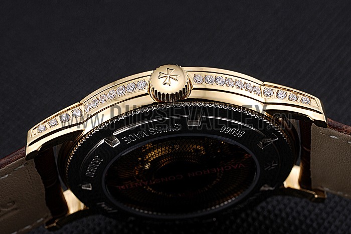 Swiss Vacheron Constantin Patrimony Contemporaine Gold Diamond Case White Dial Brown Leather Bracelet 622686