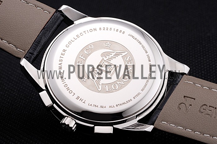 Longines Column Wheel Black Dial Silver Stainless Steel Case Black Leather Strap