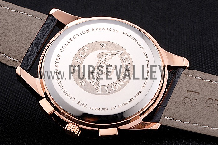 Longines Column Wheel Black Dial Gold Case Black Leather Strap