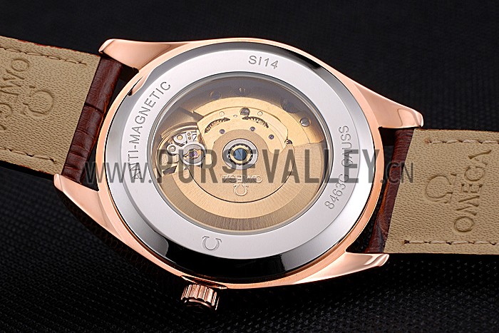 Omega Tresor Master Co-Axial Black Dial Rose Gold Case Brown Leather Strap