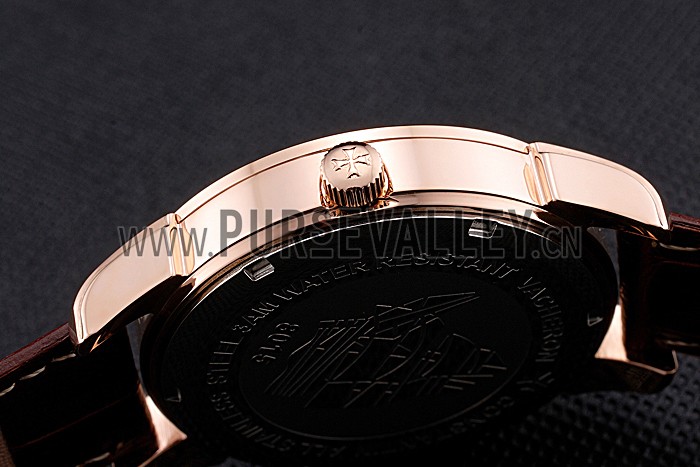Vacheron Constantin Traditionnelle Black Ship Dial Rose Gold Case Brown Leather Strap