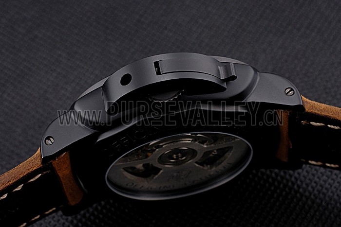 Panerai Luminor Marina Black Dial Matte Black Steel Case Brown Suede Leather Strap