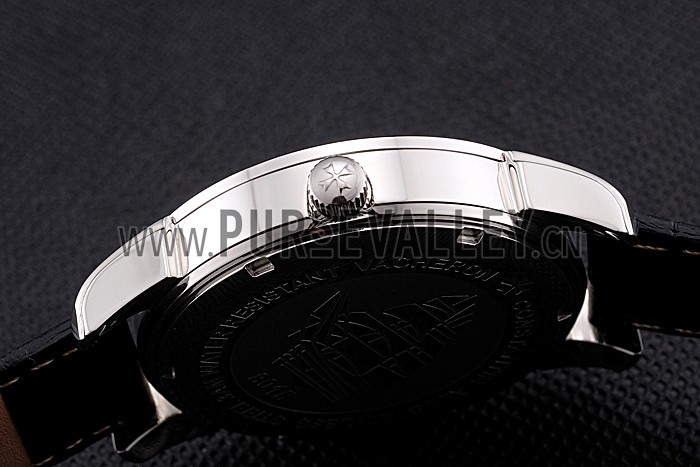 Vacheron Constantin Traditionnelle White Ship Dial Stainless Steel Case With Diamonds Black Leather Strap