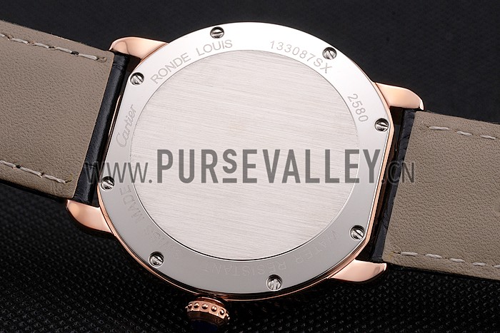 Cartier Ronde Louis Cartier Black Dial Gold Case Diamond Bezel Black Leather Strap