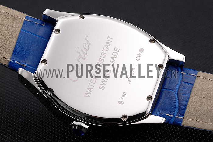Cartier Tortue Large Date White Dial Stainless Steel Case Blue Leather Strap