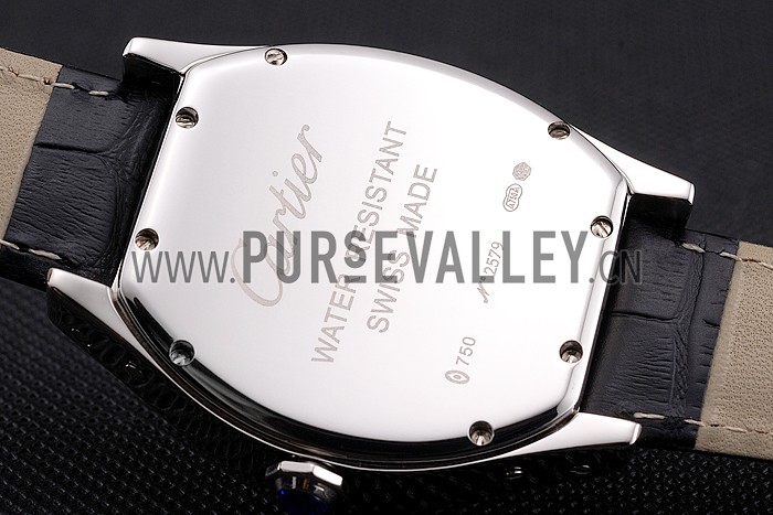 Cartier Tortue Perpetual Calendar White Dial Stainless Steel Case Black Leather Strap